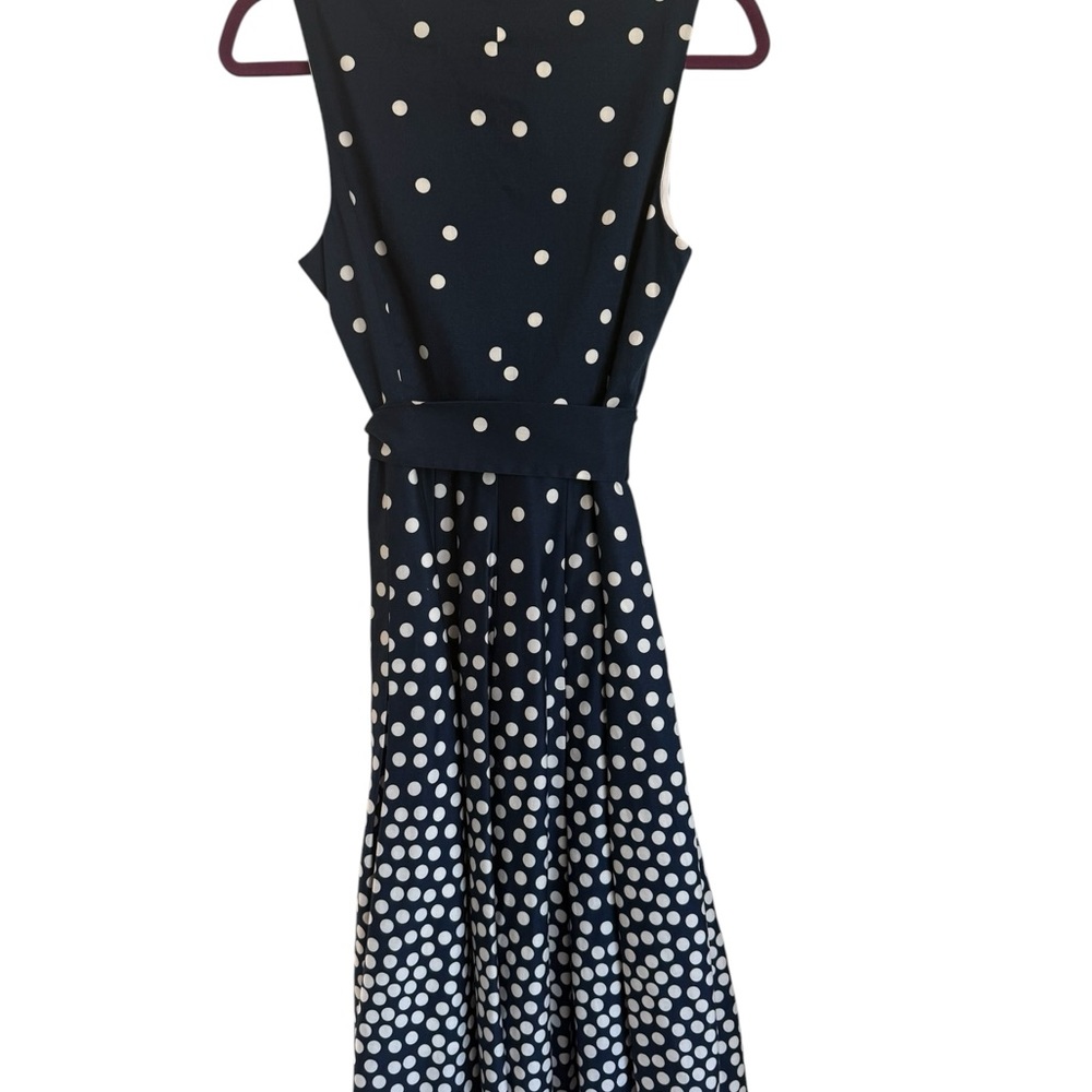Anne Klein Polka Dot Dress 6 Navy White Sleeveless Faux Wrap Fit Flare Belt - Picture 5 of 8